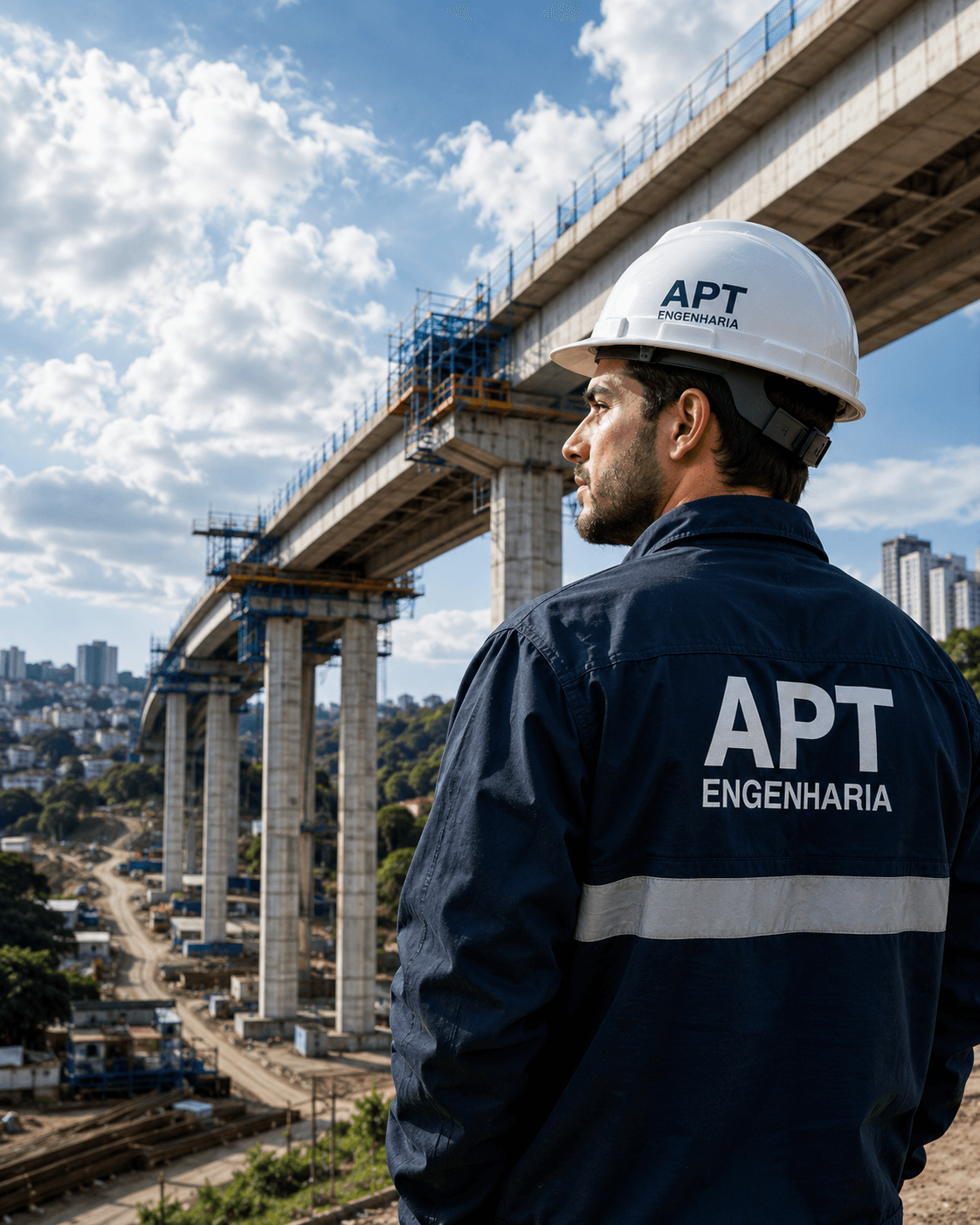 Engenheiro da APT em obra viária, ponte ao fundo
